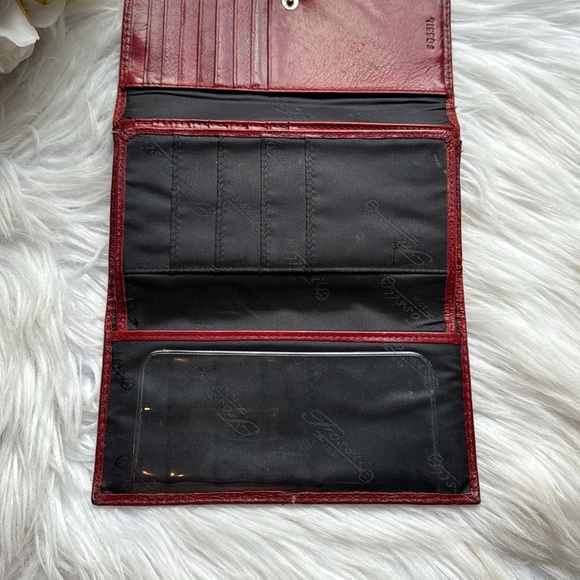 FOSSIL Soft Leather Trifold Billfold Wallet Deep Red Crimson with Stitching - Picture 10 of 12